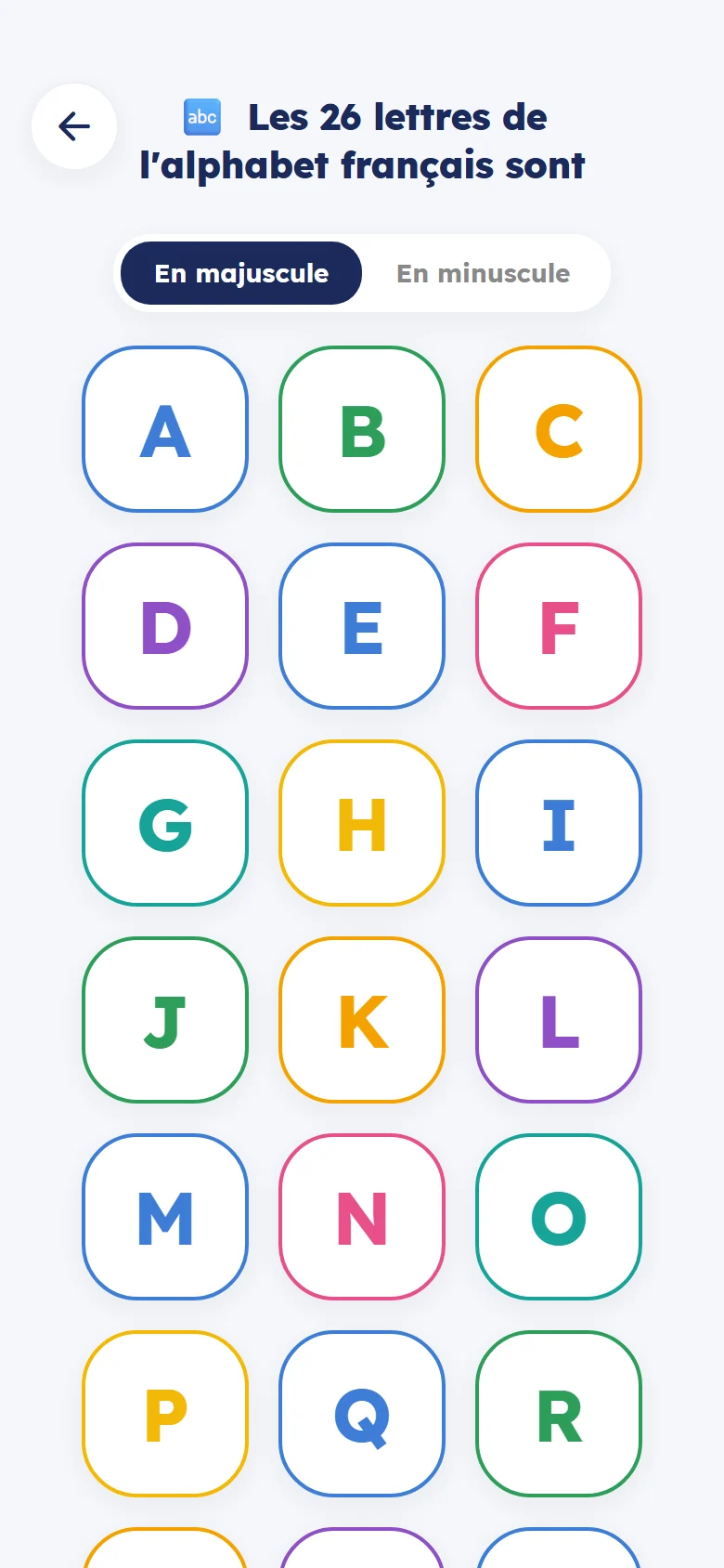 Les 26 lettres de l'alphabet en couleur