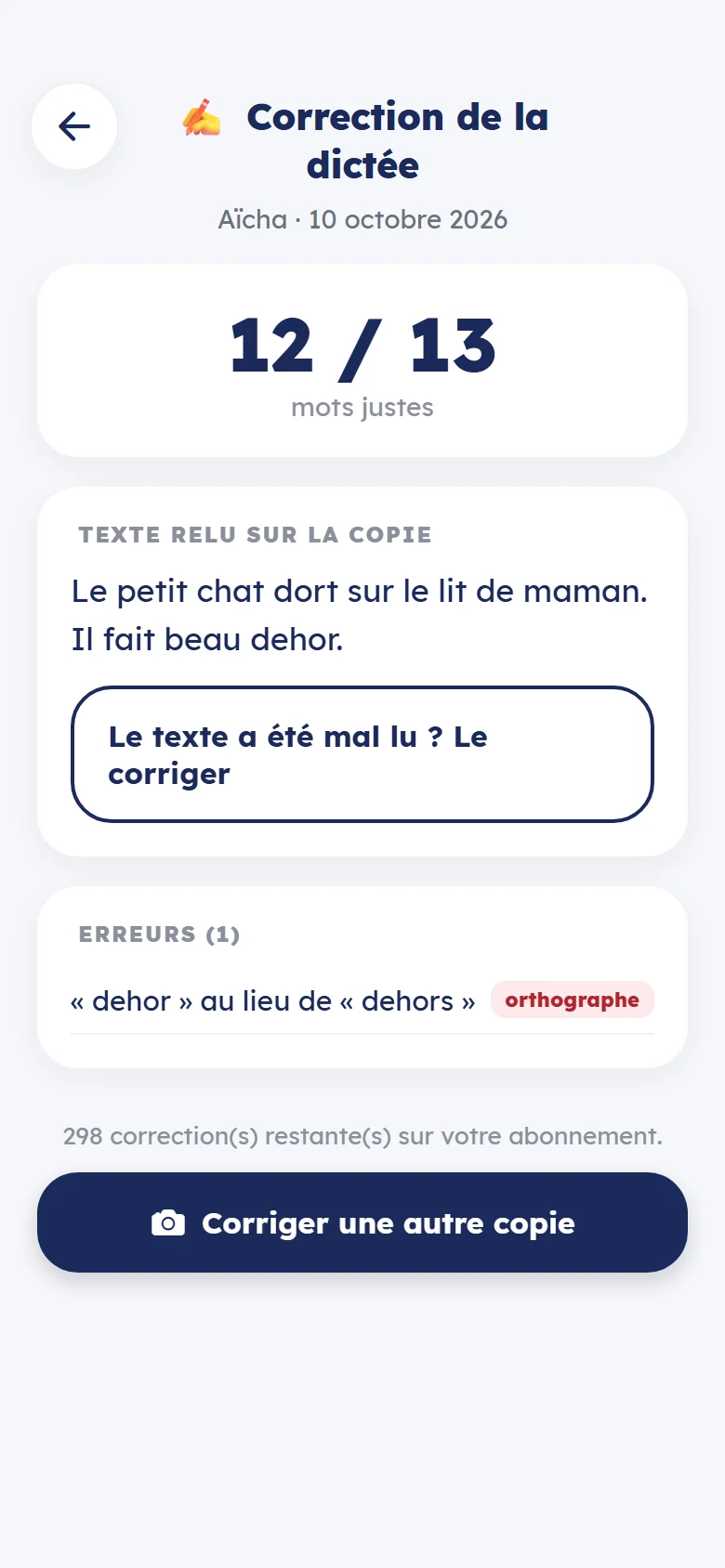 Résultat de la correction d'une dictée photographiée
